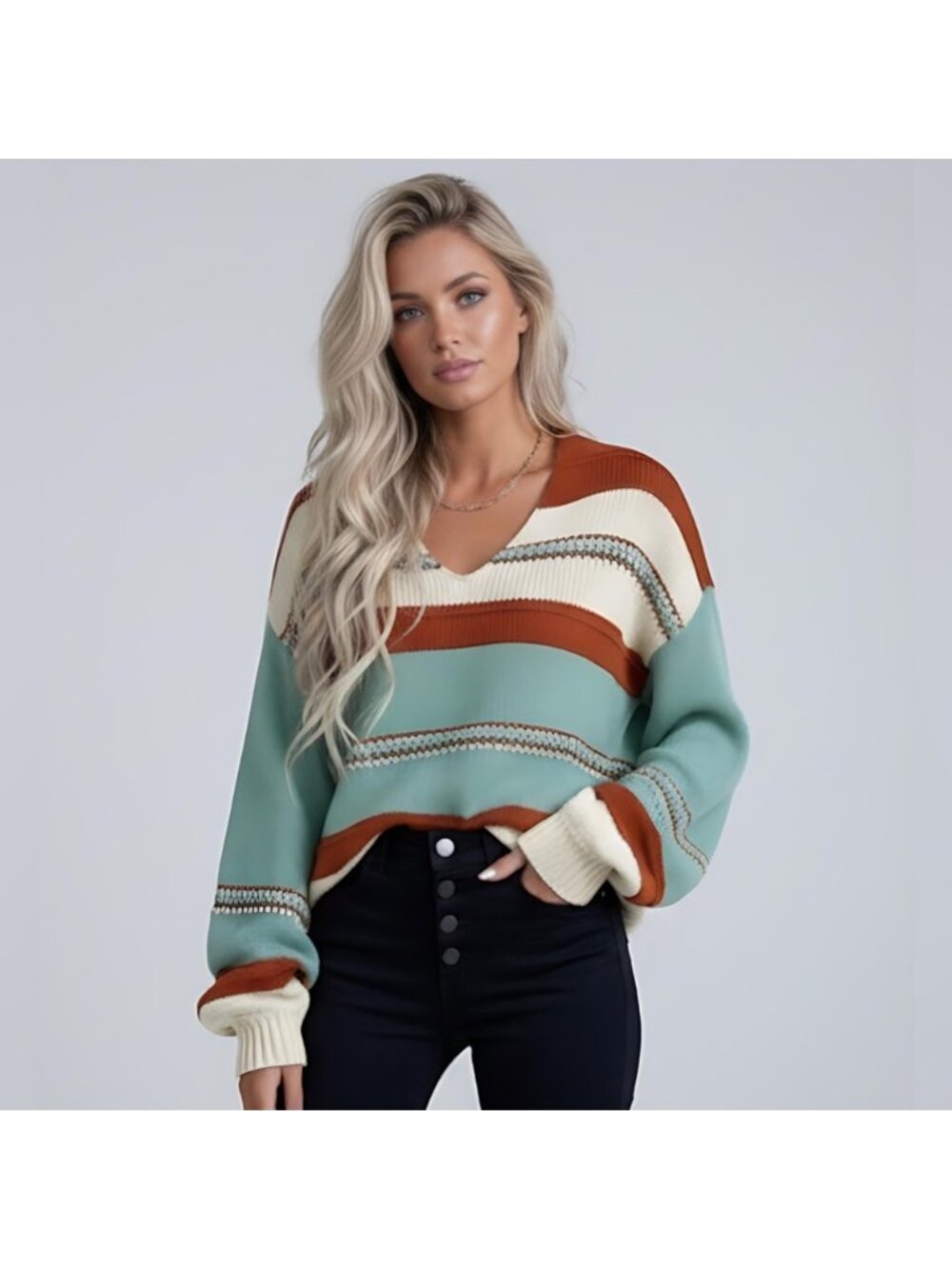 Striped Design Sweater with a V-neck